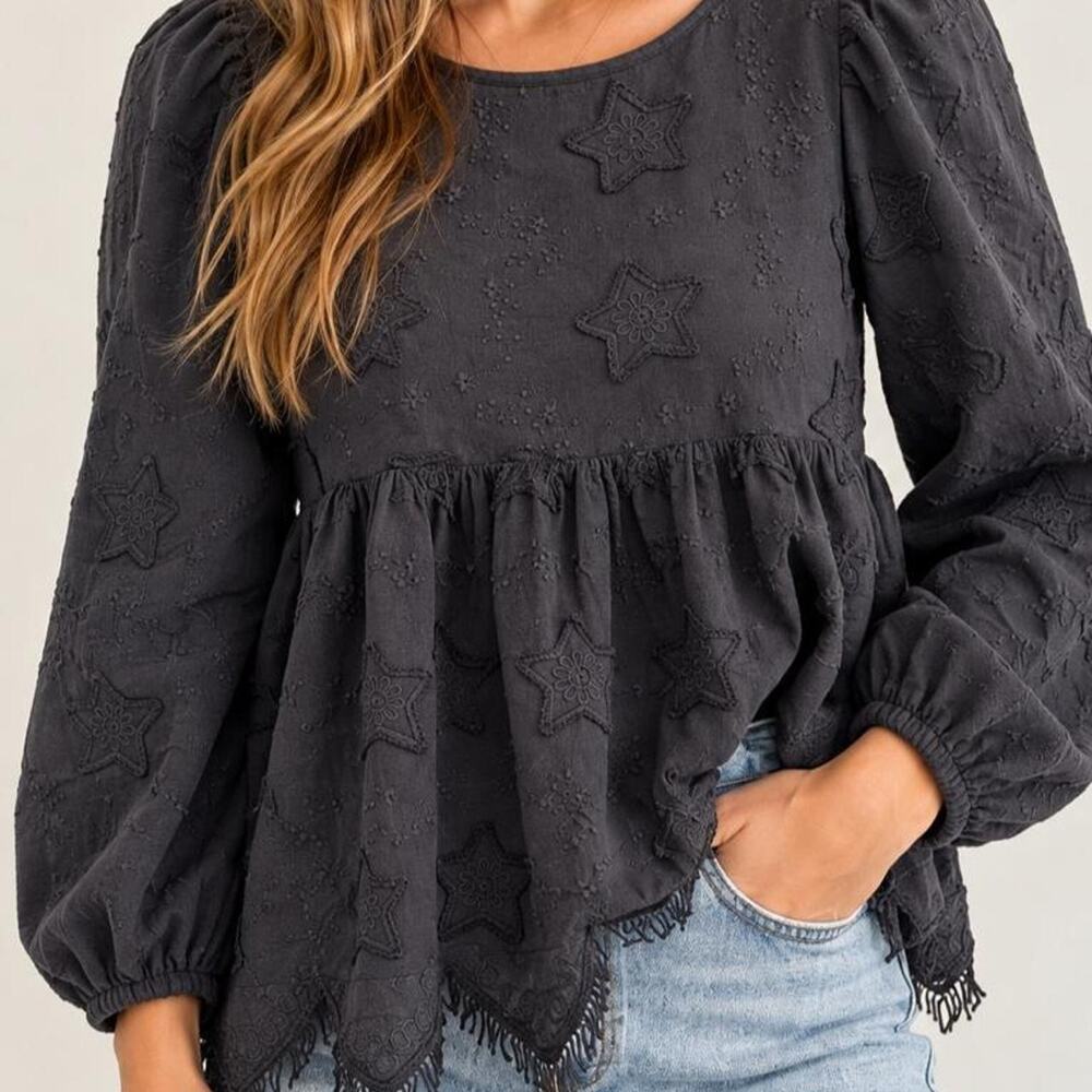 Free As That Girl Embroidered Star Peplum Top – Small